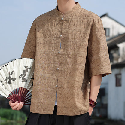 Chinese Style Mens Metal Button Jacquard Tang Shirt Summer Hanfu Top