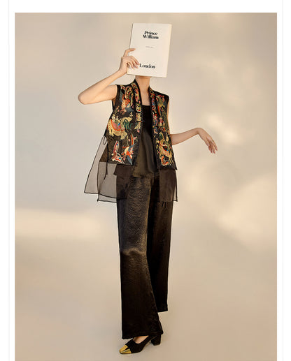 2026 New Chinese Style Silk Embroidered Mesh Patchwork Vintage Vest