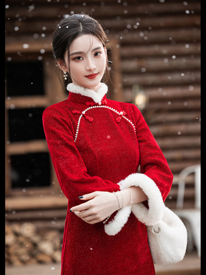 2025 New Improved Qipao – Warm Red High-End Autumn Winter Style