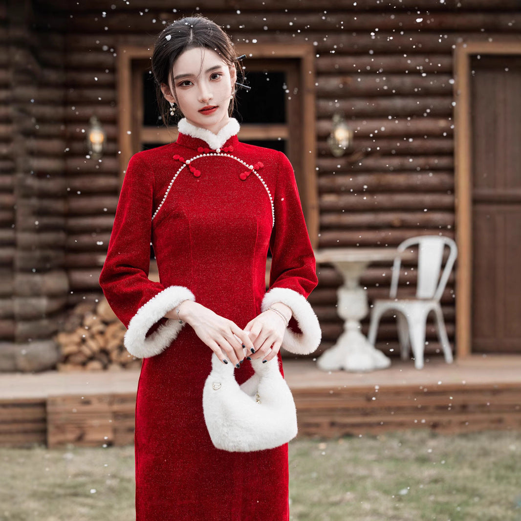 2025 New Improved Qipao – Warm Red High-End Autumn Winter Style