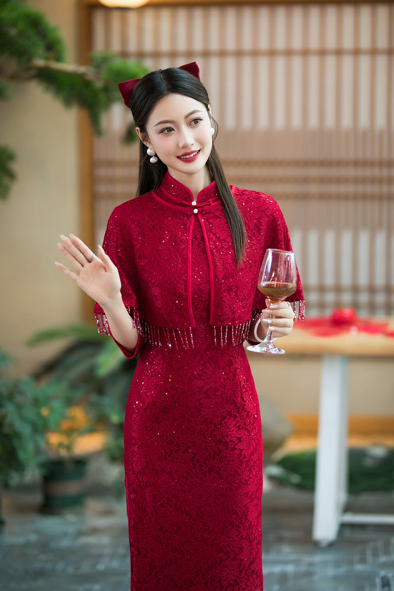 Elegant Red Two-Piece Cheongsam – Autumn Wedding Event Dress