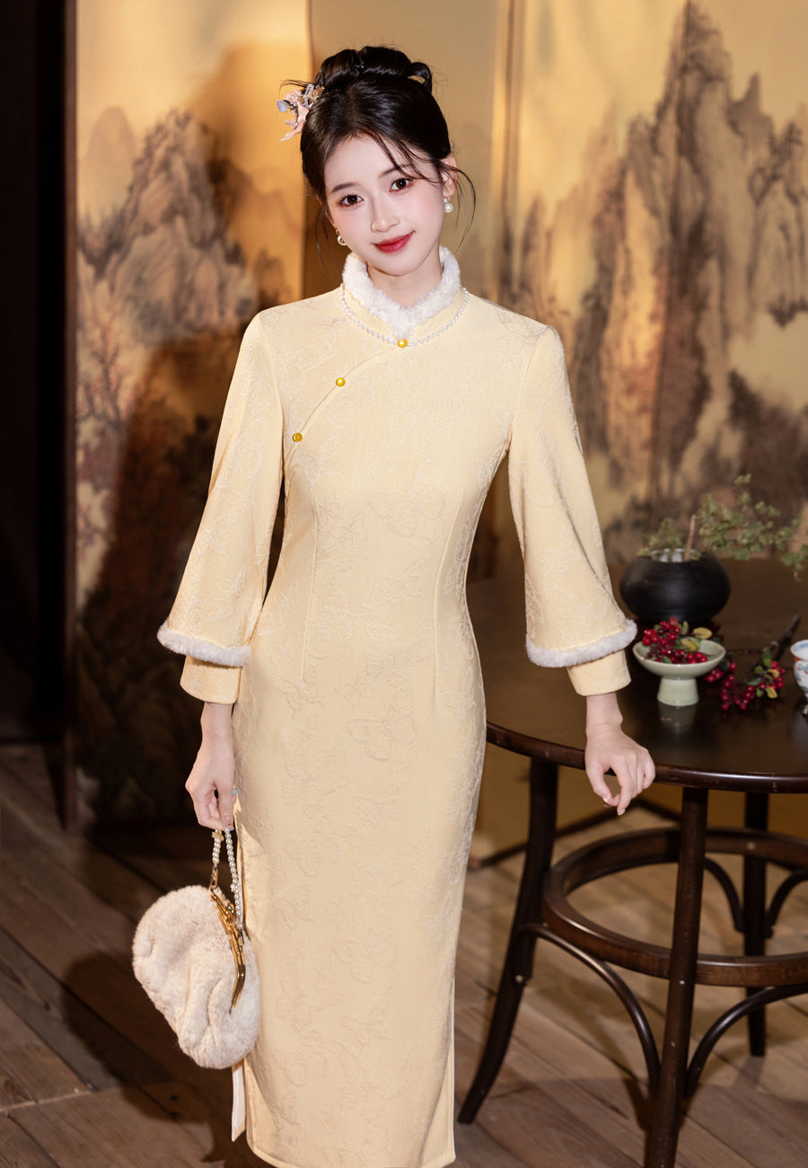 Elegant Yellow Winter Cheongsam – High-End Warm Daily Style