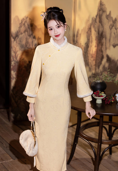 Elegant Yellow Winter Cheongsam – High-End Warm Daily Style