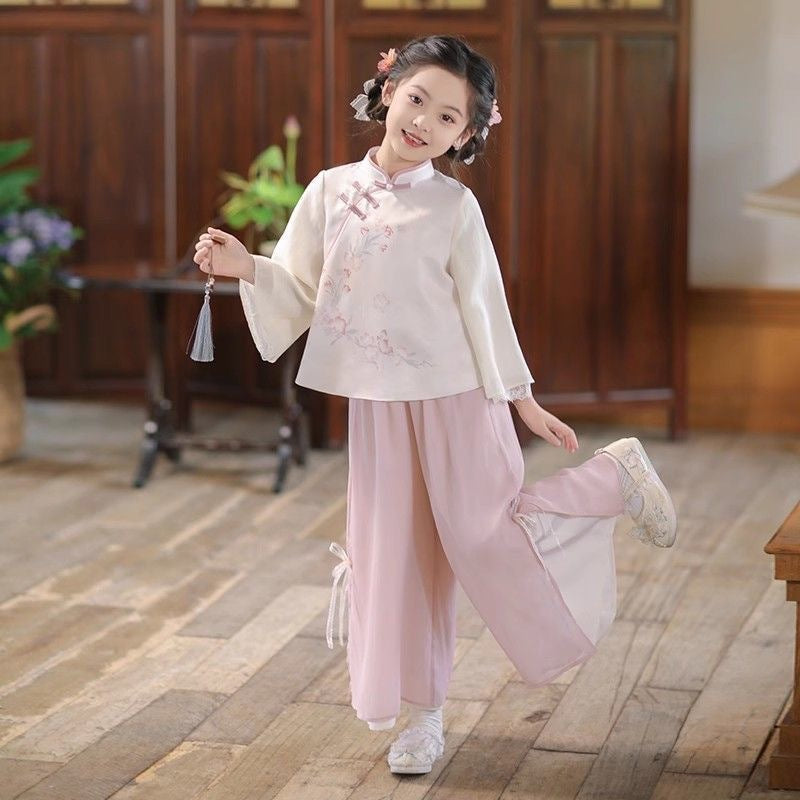 Girls’ Spring Autumn Hanfu | New Chinese Style Tang Suit Long Sleeve Set