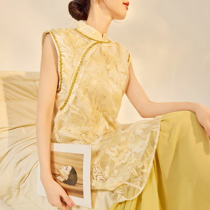 New Chinese Style Printed Cheongsam | Autumn Elegant Beaded Dress