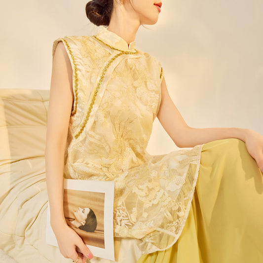 New Chinese Style Printed Cheongsam | Autumn Elegant Beaded Dress