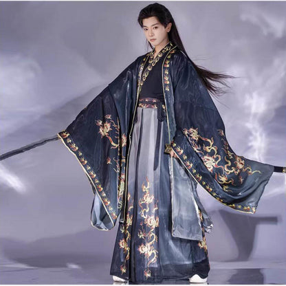 Oriental Ancient Drama Hanfu Mens Cross Collar Qi Waist Large Sleeve