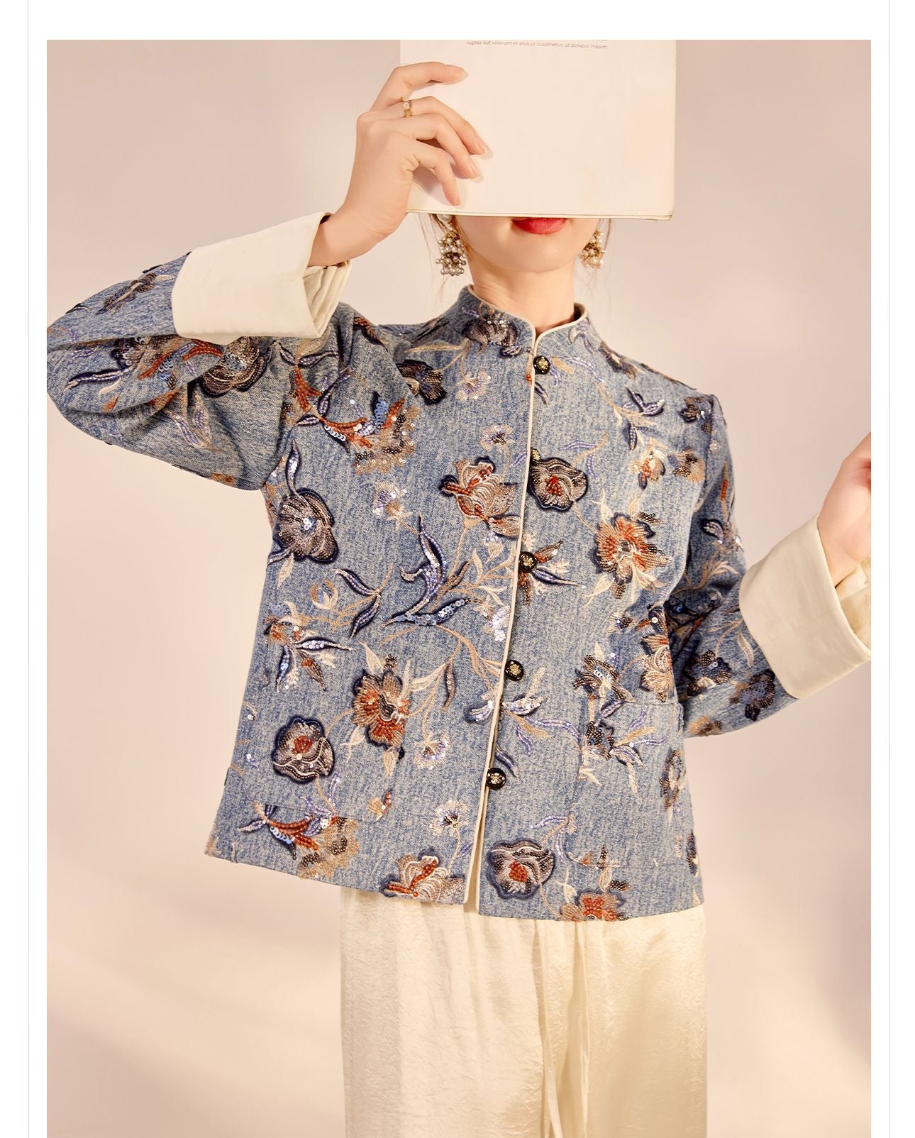 New Chinese Style Denim Jacket | Sequin Embroidery Elegant National Top