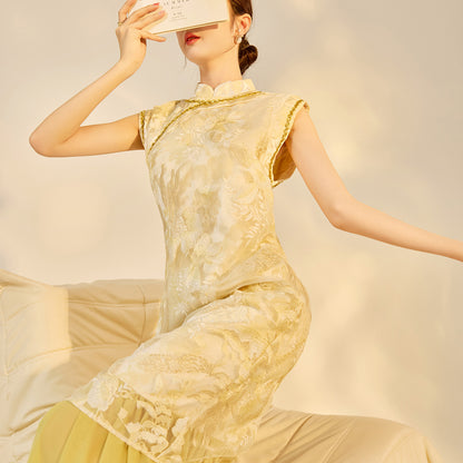 New Chinese Style Printed Cheongsam | Autumn Elegant Beaded Dress