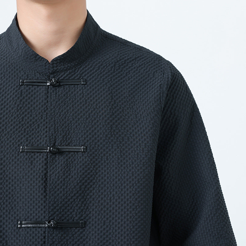 Mens Chinese Cotton Linen Shirt Retro Stand Collar Tang Suit Top