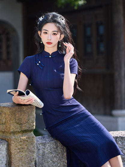 Striped Cotton Linen Cheongsam – 2025 Vintage Artistic Dress