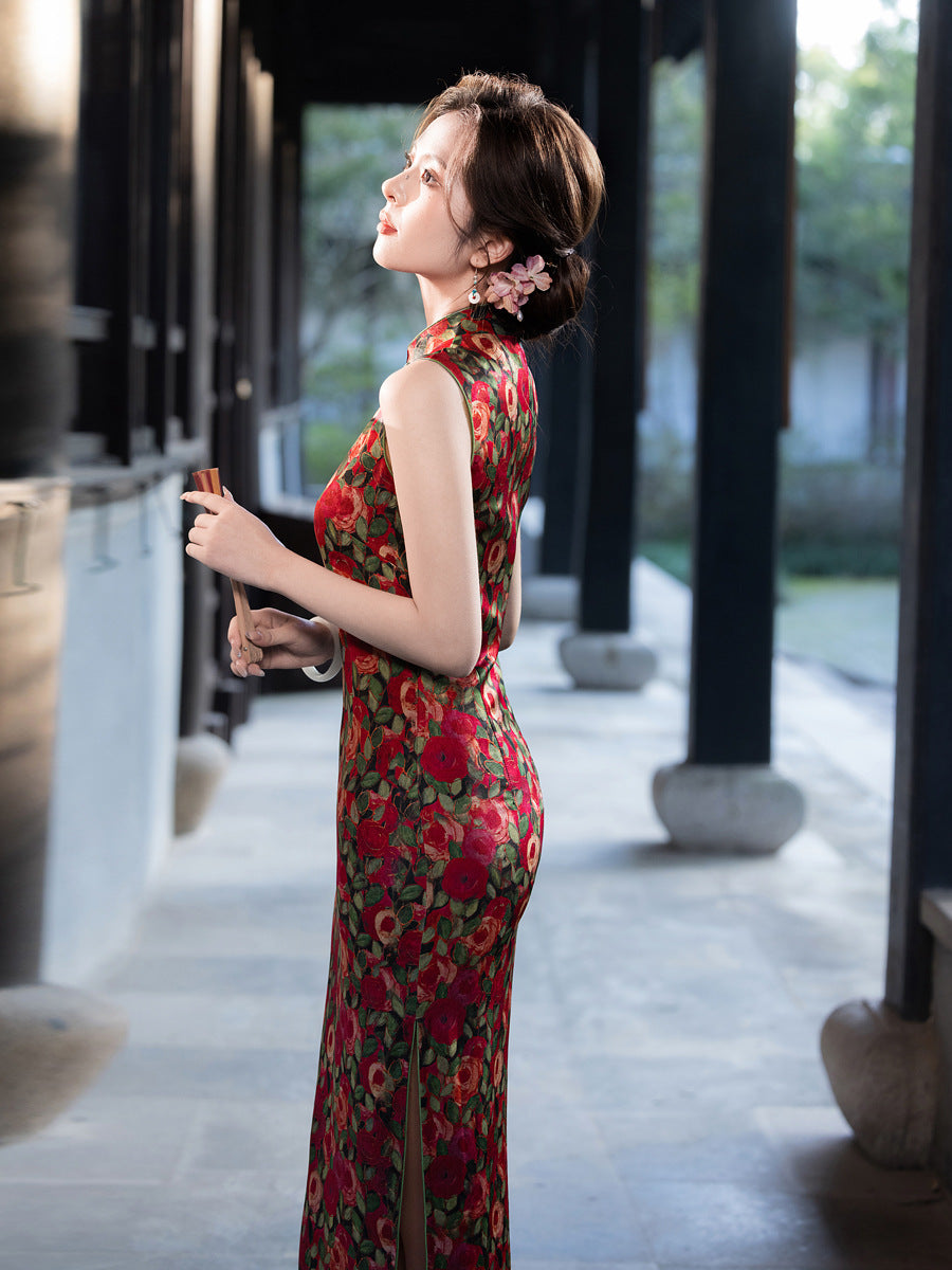 Floral Shadow Rose Cheongsam – 2025 Sleeveless Youth Dress