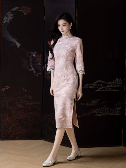 Republic of China Style Pink Cheongsam – Autumn Youth Dress