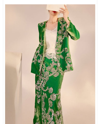 2025 Spring New Chinese Beaded Embroidered Silk Cardigan & Skirt Set