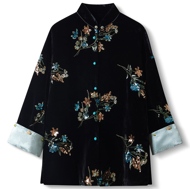 Elegant New Chinese Satin Floral Sequin Loose Black Top