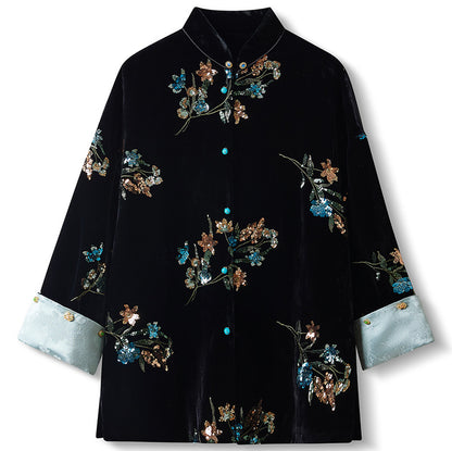 Elegant New Chinese Satin Floral Sequin Loose Black Top