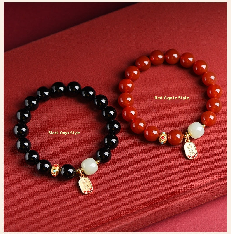 Natural Red Agate & Obsidian Bracelet — Lucky Protection Charm for Zodiac Year