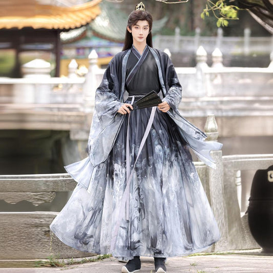 Oriental Ancient Drama Hanfu Costume Mens White Ink Print Daily Wear