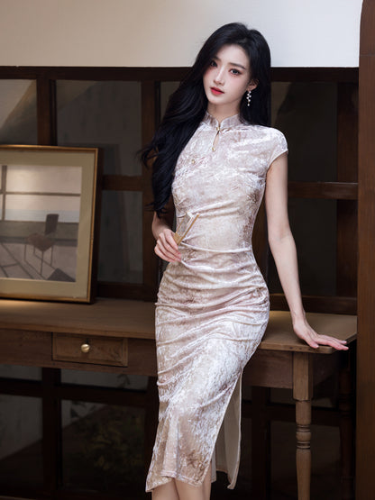 Improved Chinese Style Qipao – Everyday Wear Pink Velvet Dress