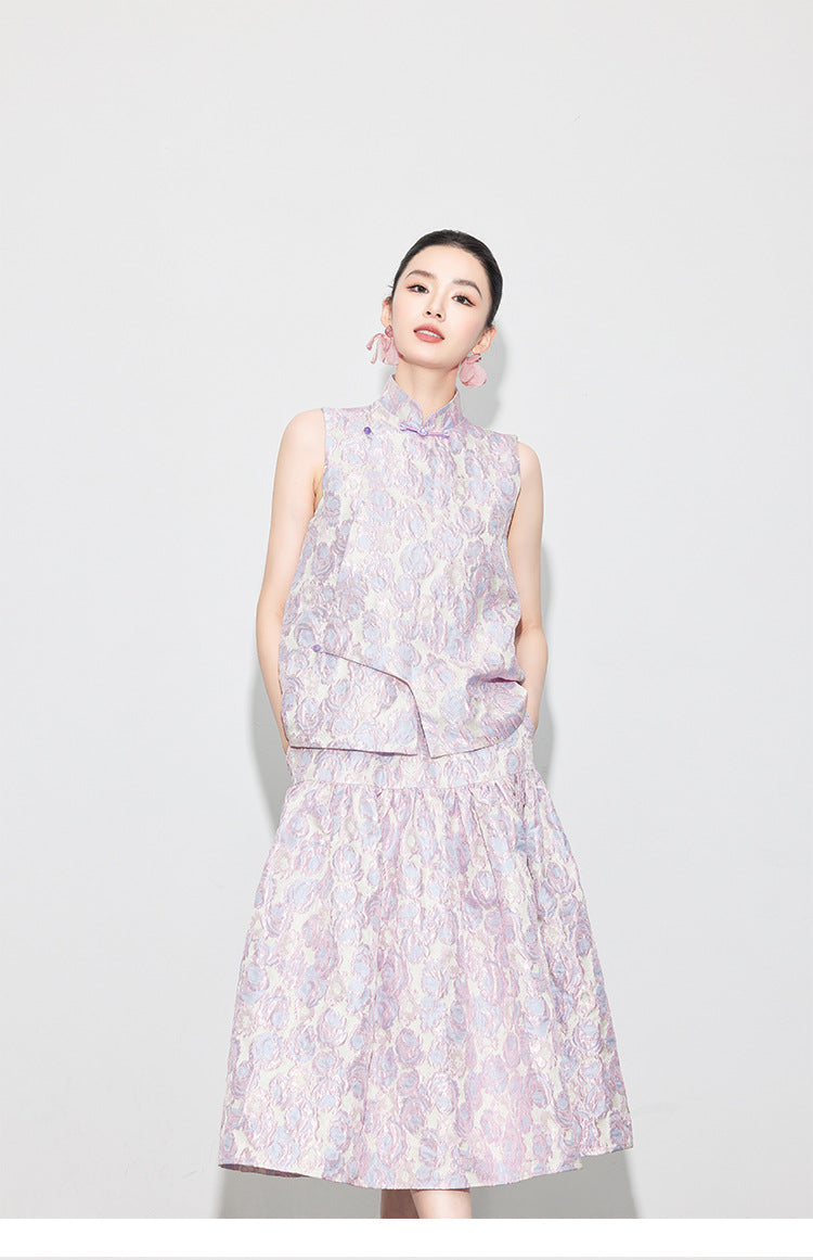 Brocade Jacquard Heavy Craft Puff Skirt & Vest Set for Autumn