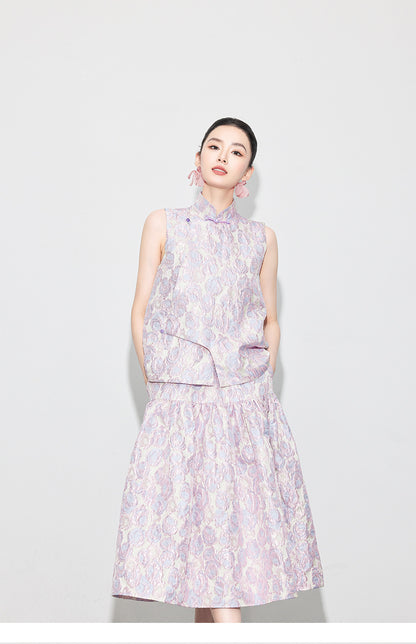 Brocade Jacquard Heavy Craft Puff Skirt & Vest Set for Autumn