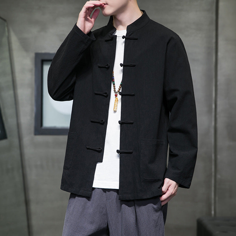 Mens Autumn Chinese Style Hanfu Tang Suit Button Up Cotton Linen Top