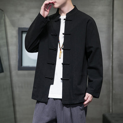 Mens Autumn Chinese Style Hanfu Tang Suit Button Up Cotton Linen Top
