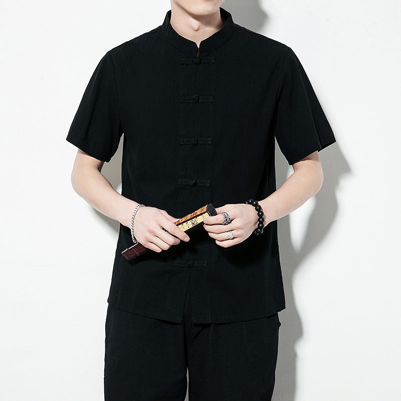 Summer Chinese Style Men’s Shirt — Linen Tang Suit Retro Short Sleeve
