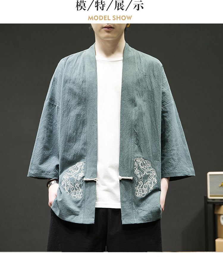 Mens Chinese Style Layman Hanfu Jacket Summer Zen Tea Robe Retro Top