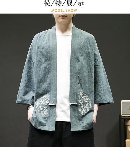Mens Chinese Style Layman Hanfu Jacket Summer Zen Tea Robe Retro Top