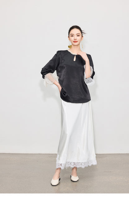 Elegant High-Waist Satin Lace Patchwork Skirt