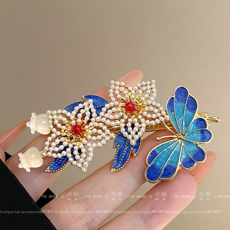 Orchid tassel headdress with side clips and new Chinese flower hairpins