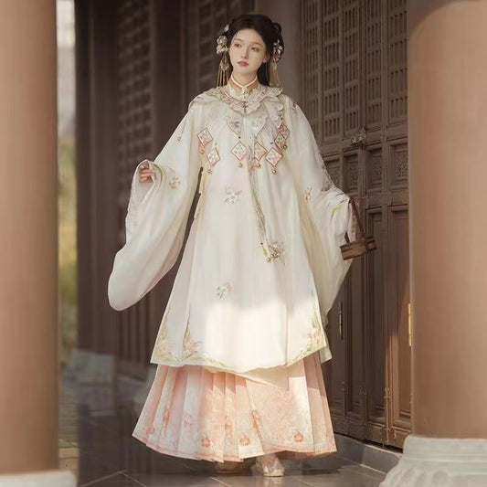 Women Ming Dynasty Hanfu Set Heavy Embroidery Cloud Shoulder Stand Collar Horse Face Skirt