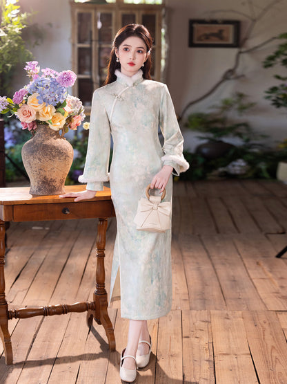 Elegant Satin Beaded Winter Qipao | Fleece-Lined Thickened Long Dress