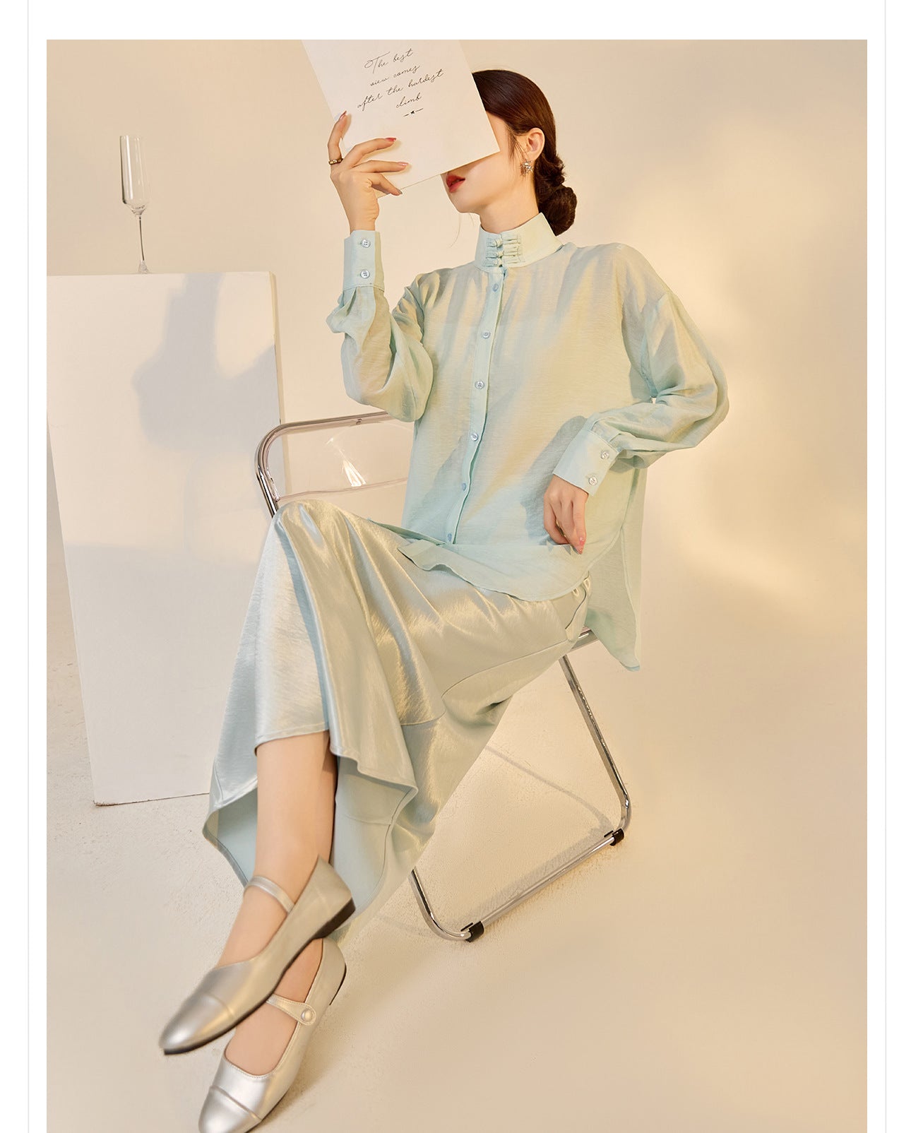 Autumn Button-Up Stand Collar National Style Top & Skirt Set