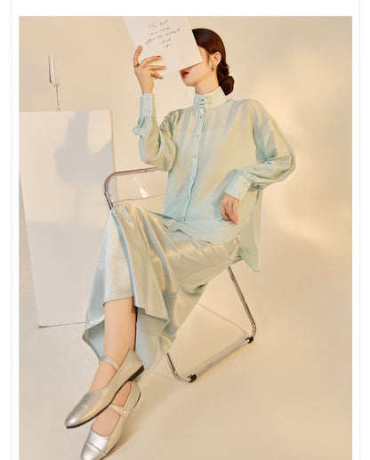 Autumn Button-Up Stand Collar National Style Top & Skirt Set