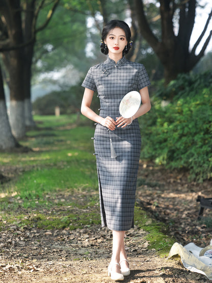 Striped Cotton Linen Cheongsam – 2025 Vintage Artistic Dress