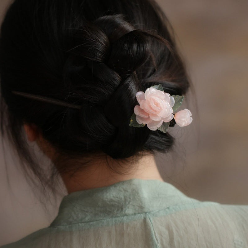 Hanfu Cheongsam Hairpin Pink Peony Forest Style Sweet Hair Accessory