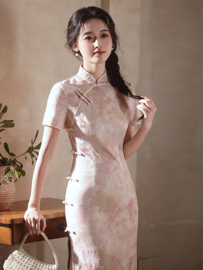 National Style Long Cheongsam – Elegant Short Sleeve Dress
