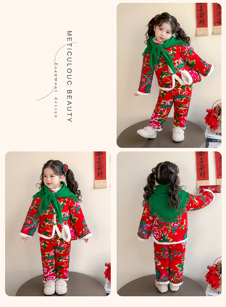 Winter Girls Floral Jacket & Pants Thickened Two-Piece Set