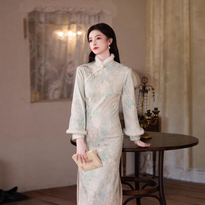 Elegant Satin Beaded Winter Qipao | Fleece-Lined Thickened Long Dress