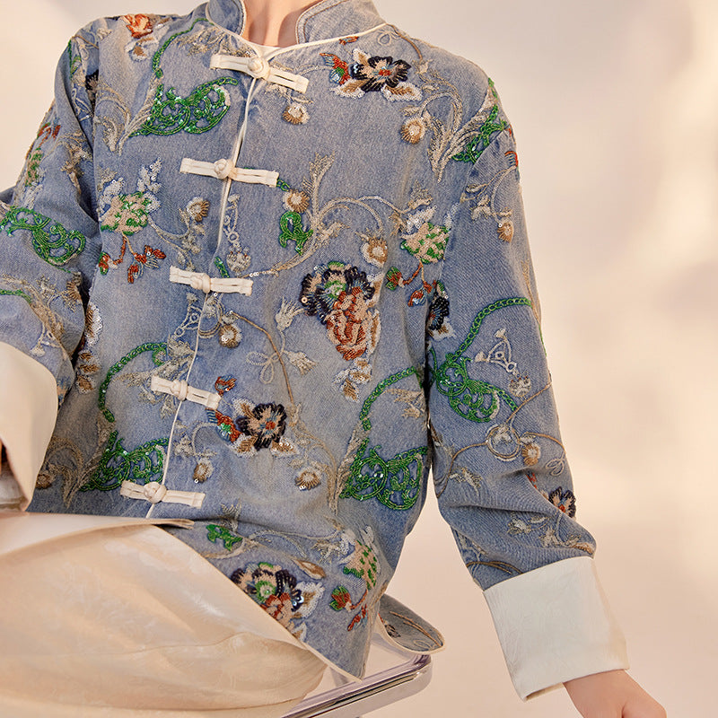 Blue Sequin Embroidered Denim Jacket High-End New Chinese Style