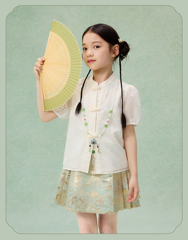 Girls Summer Hanfu Set — Short Sleeve Shirt & Mamian Skirt Two-Piece