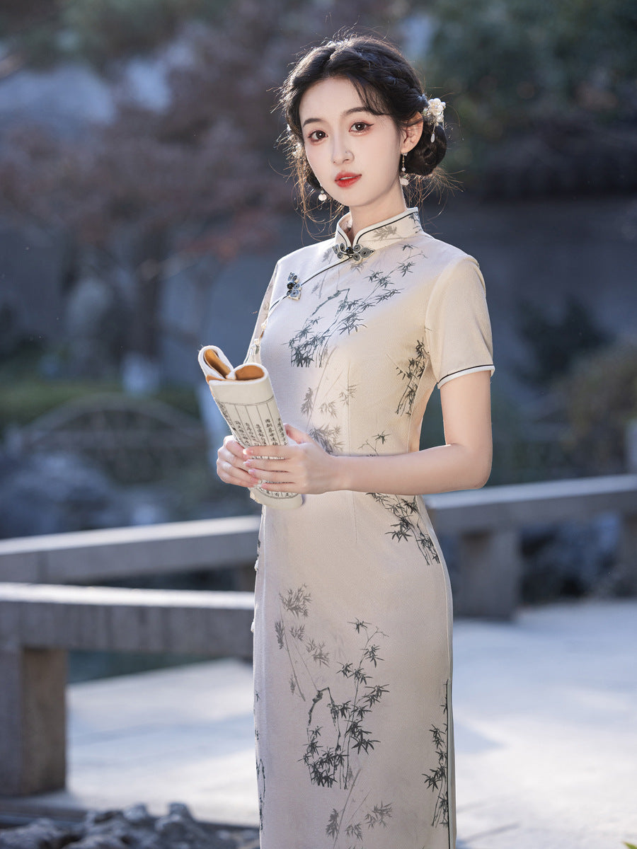 Asymmetrical Long Cheongsam – High-End Elegant Daily Dress
