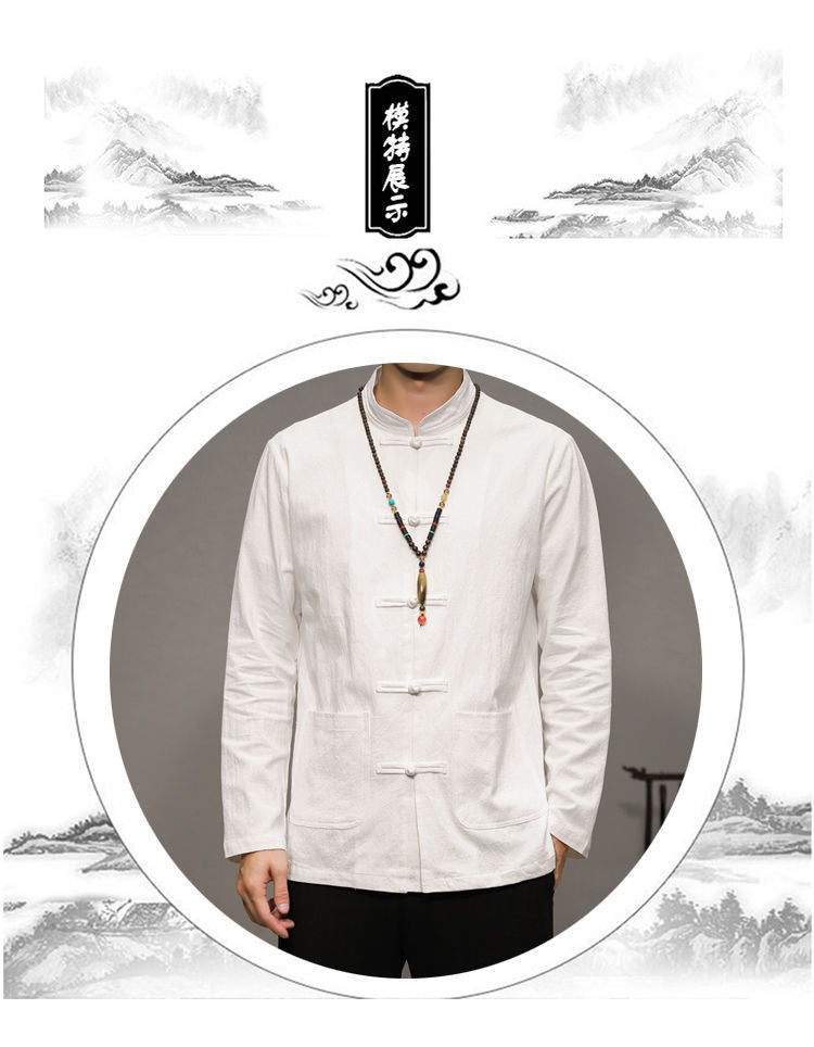 Men’s Chinese Style Cotton Linen Tang Shirt Long Sleeve Casual Retro