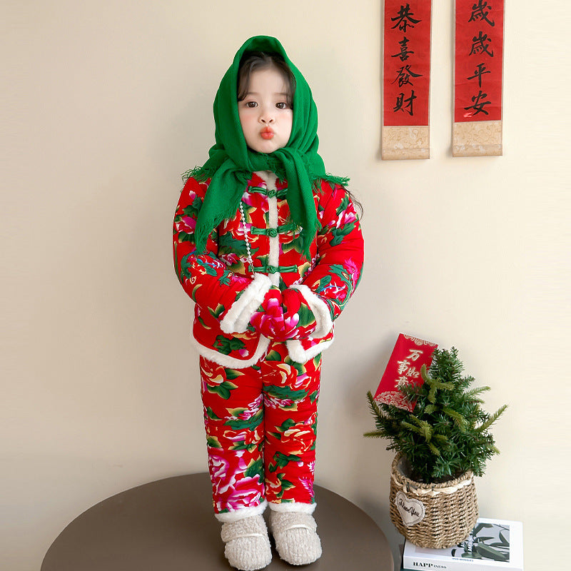 Winter Girls Floral Jacket & Pants Thickened Two-Piece Set