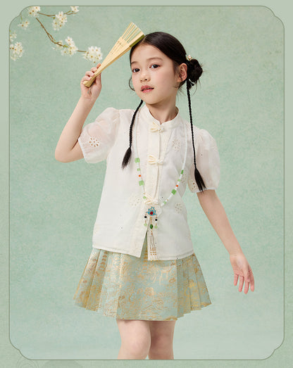 Girls Summer Hanfu Set — Short Sleeve Shirt & Mamian Skirt Two-Piece