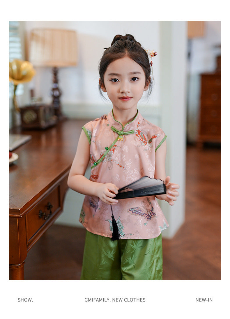 Retro Chinese Style Girls Two-Piece — Summer Cheongsam Top & Skirt