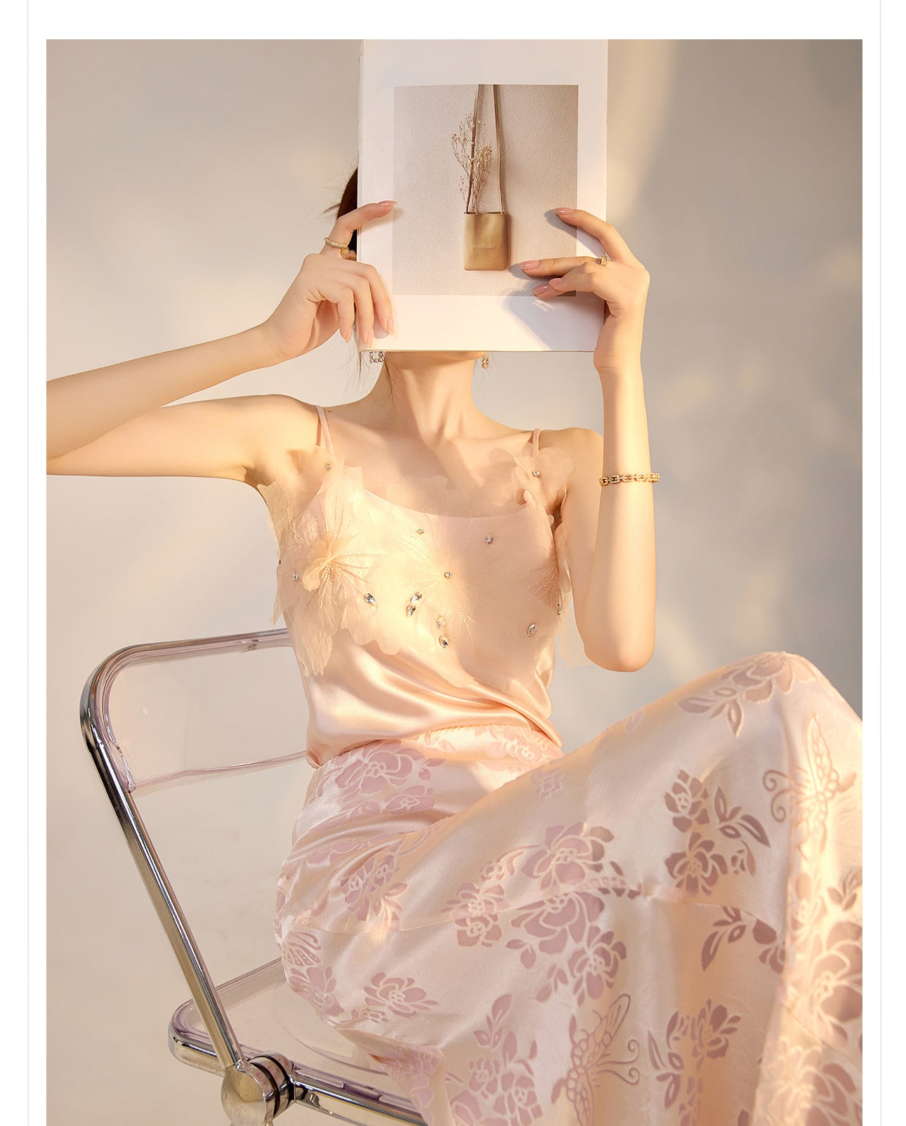 New Chinese Style Beaded Floral Acetate Top | Elegant Short Camisole