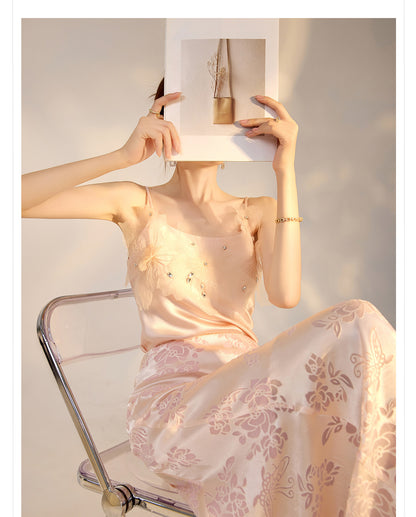 New Chinese Style Beaded Floral Acetate Top | Elegant Short Camisole